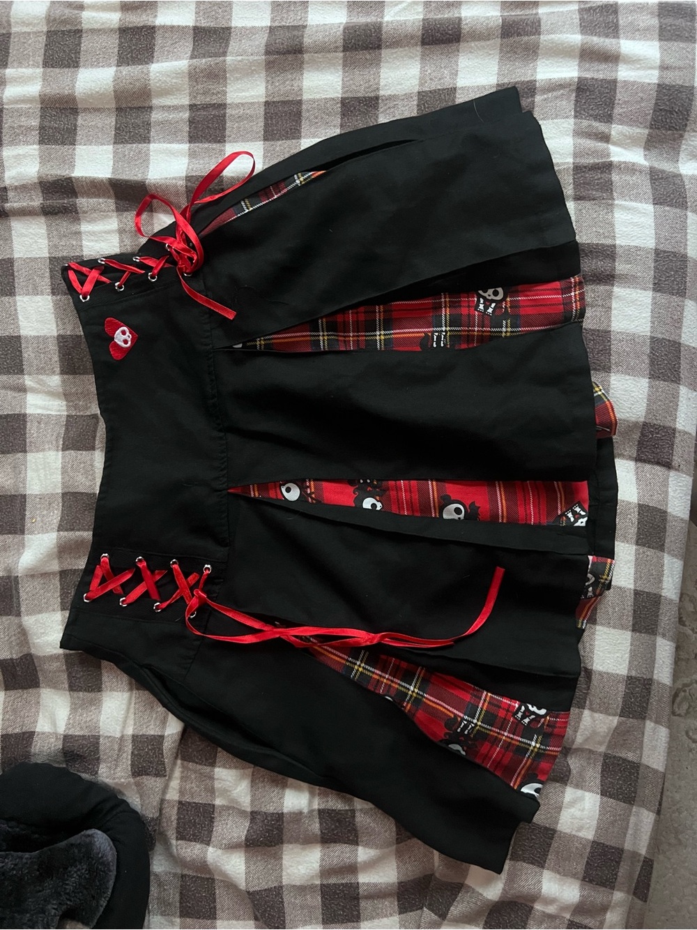 Hot Topic Skelanimals Black Skirt with Red Plaid Inserts & Red Lacing